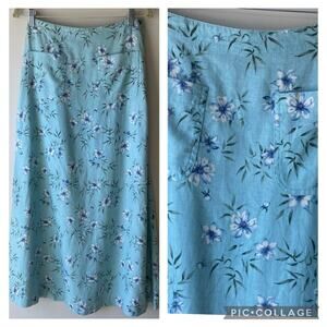 VTG  Liz Claiborne Linen Blend A-Line Floral Midi Skirt Pockets Elastic Waist